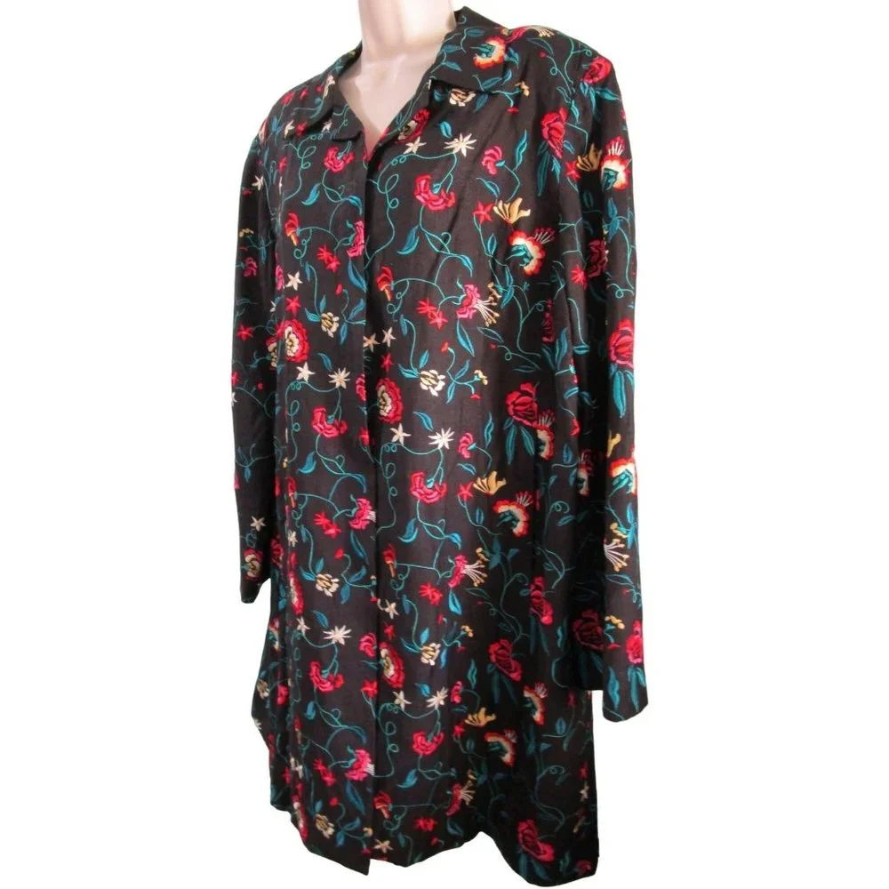 David Brook Floral Embroidered Black Shantung Silk Duster Coat Ladies XL EUC - Picture 2 of 16